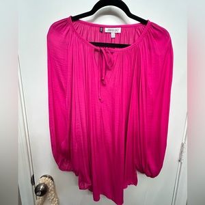 Jennifer Lopez Hot Pink Pleated Blouse, Front Tie, Oval Cut-Out, Size 1X